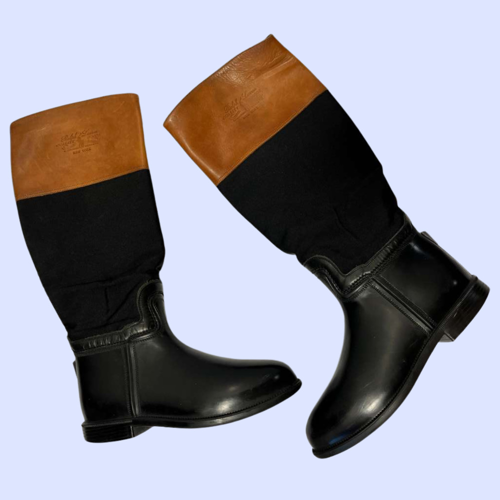 Polo Ralph Lauren Womens Black Rubber. Tan Leather Equestrian Riding Boots US 6B - Picture 1 of 12